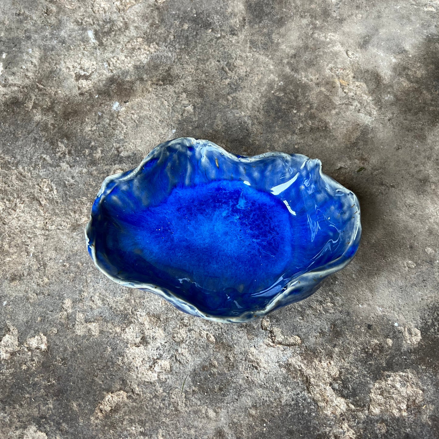 Blue ceramic dish in the form of a seashell on a textured gray surface