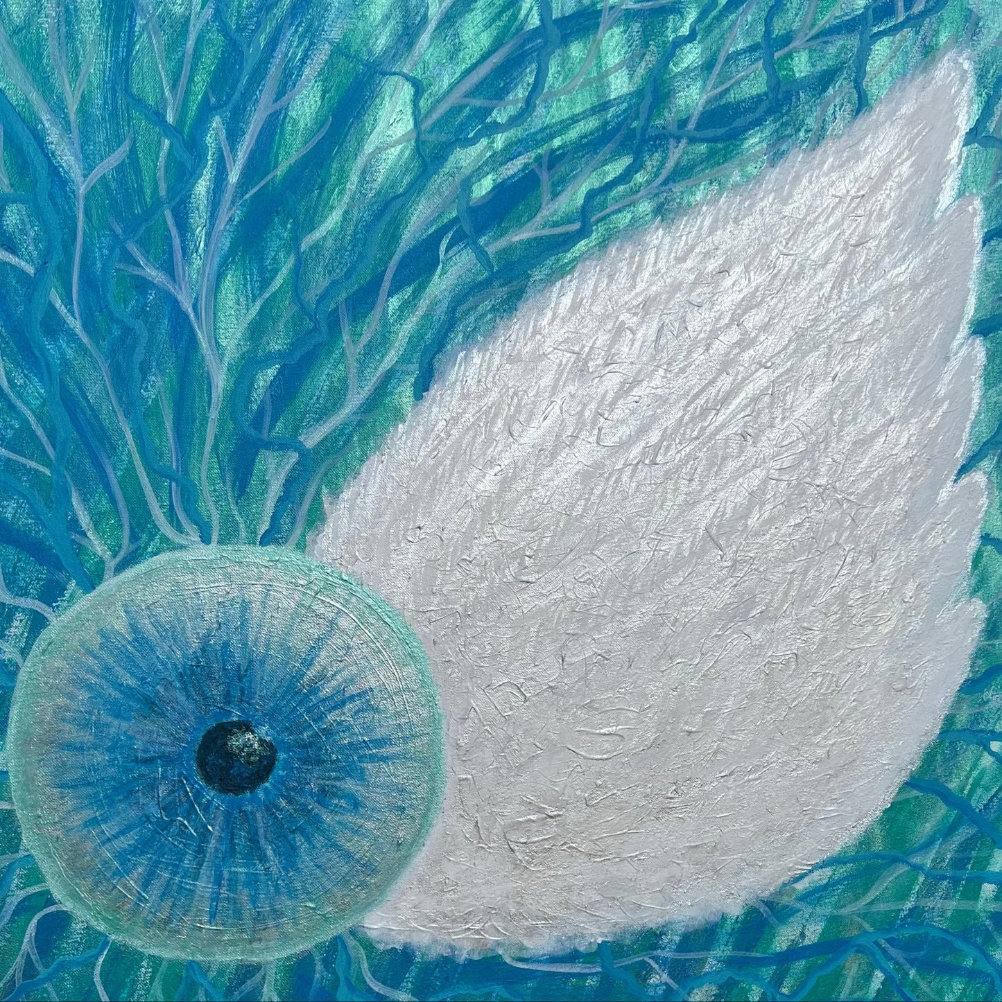 Artistic depiction of white feather with a blue eye-like pattern surrounded by green and blue abstract designs.