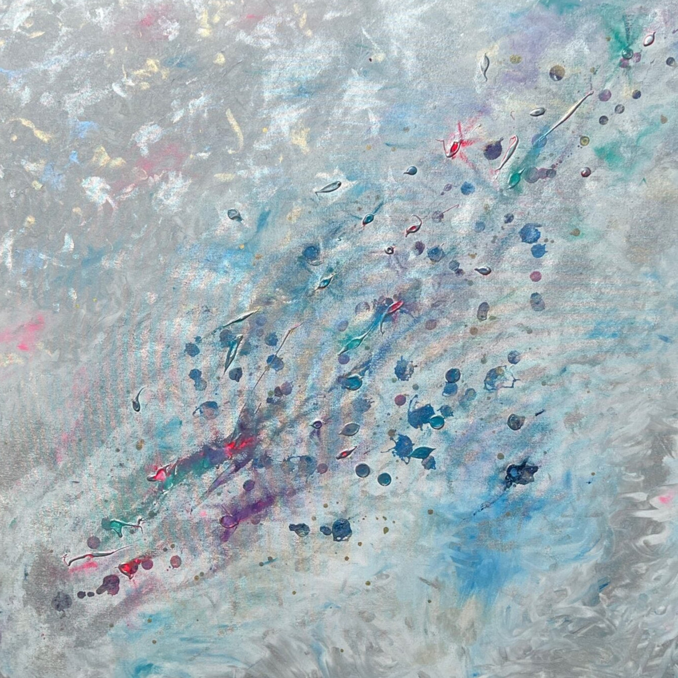 Abstract painting of the universe in silver, blue, green, pink, turquoise and gold