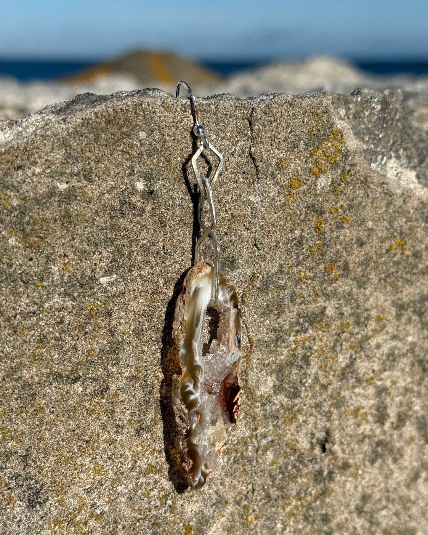mono earring in sterling silver with raw druzy agate