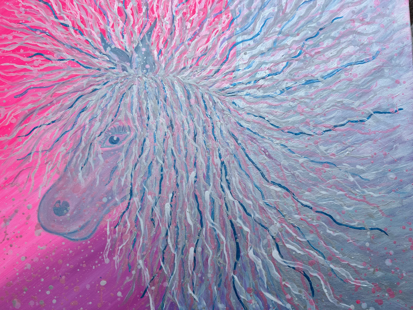 Artistic depiction of a unicorn with a pink and blue abstract background