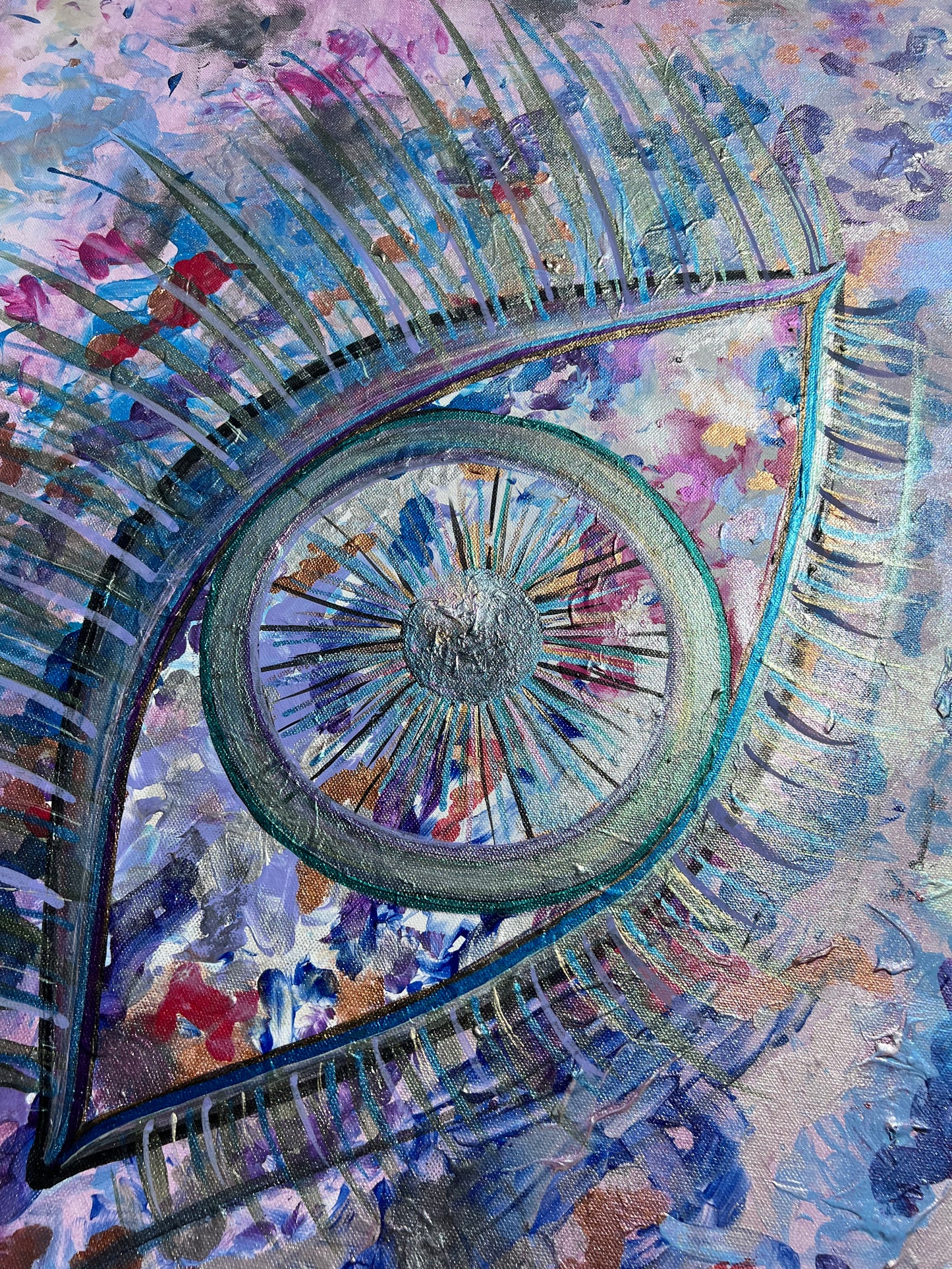 Abstract artwork with a colorful eye on a multicolored background