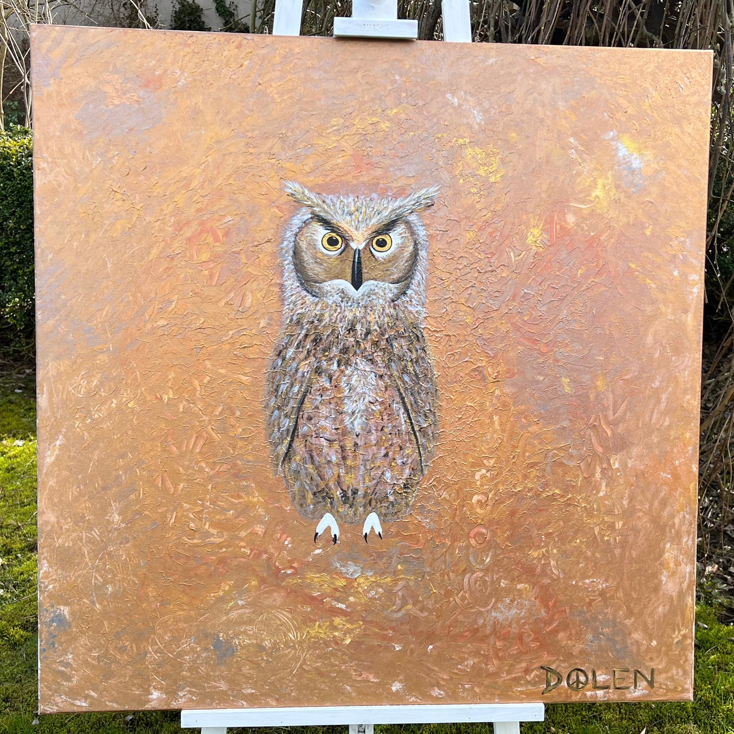large canvas Painting of an owl on a textured gold and brown background