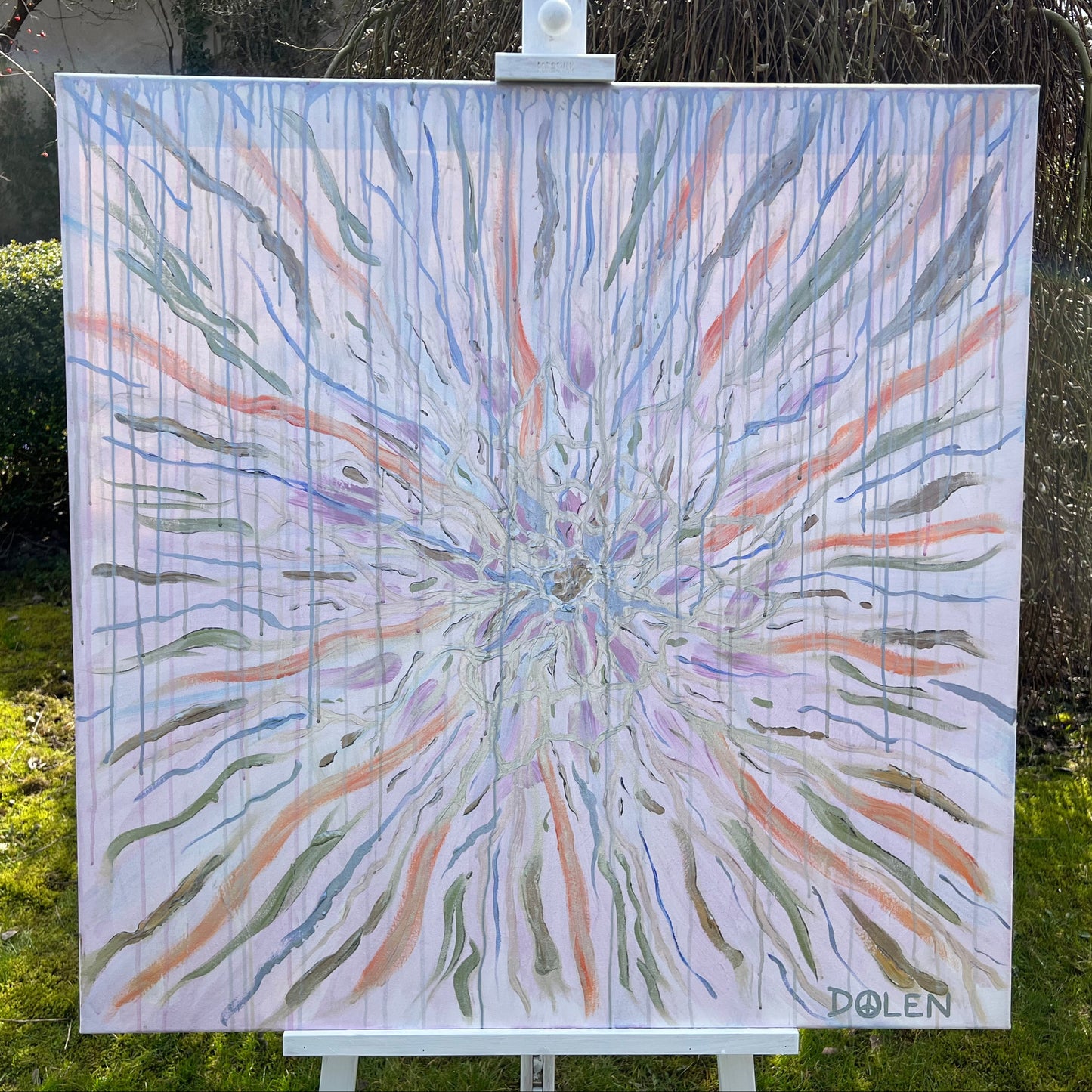 acrylic large painting on canvas with textured motif of cell plasma in silver, peach, purple and blue