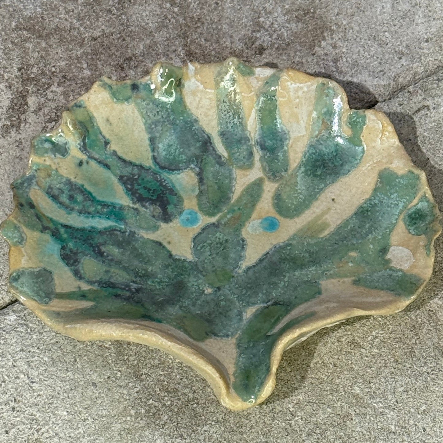 Green ceramic seashell-shaped plate on a concrete surface
