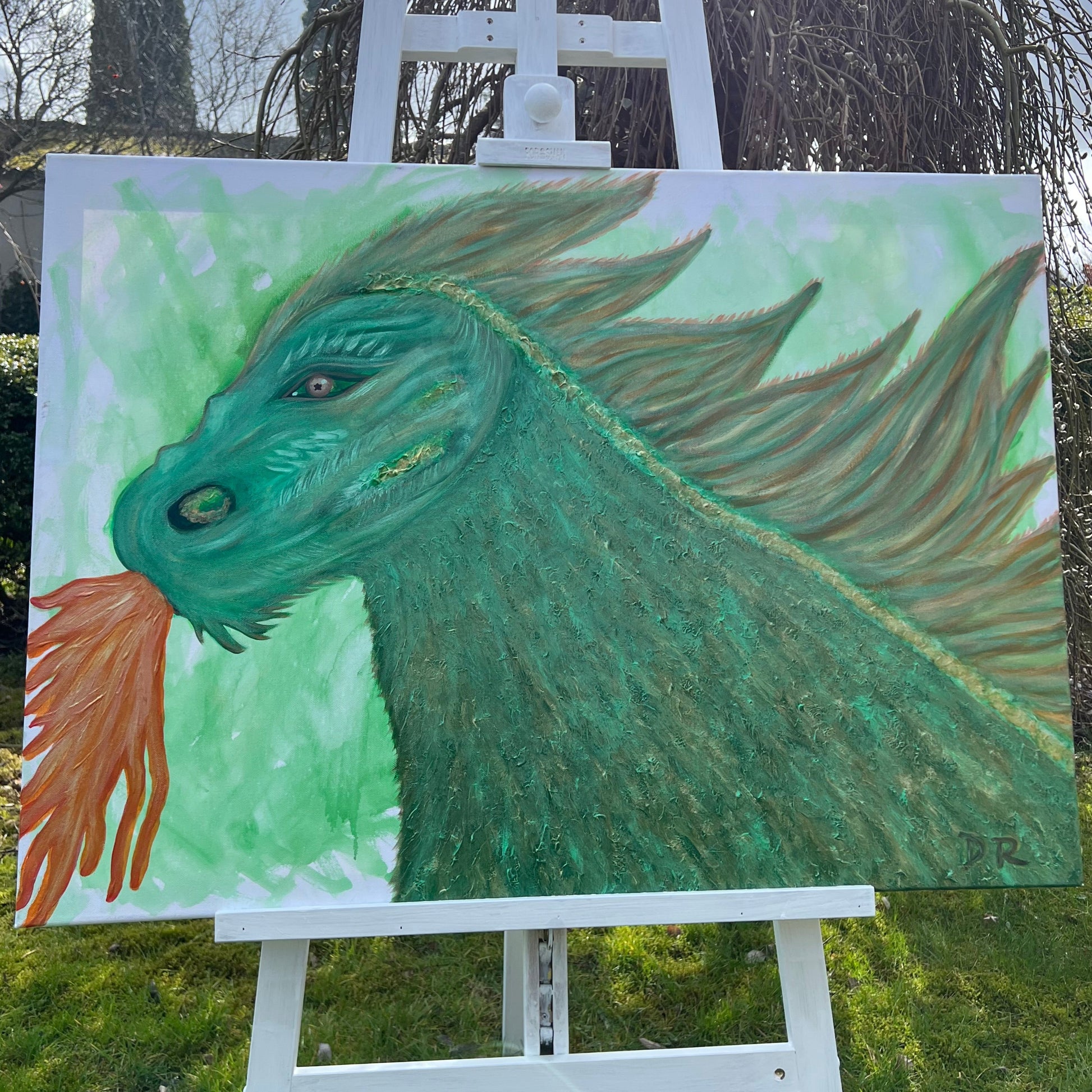 acrylic texturized Painting of a emerald green dragon