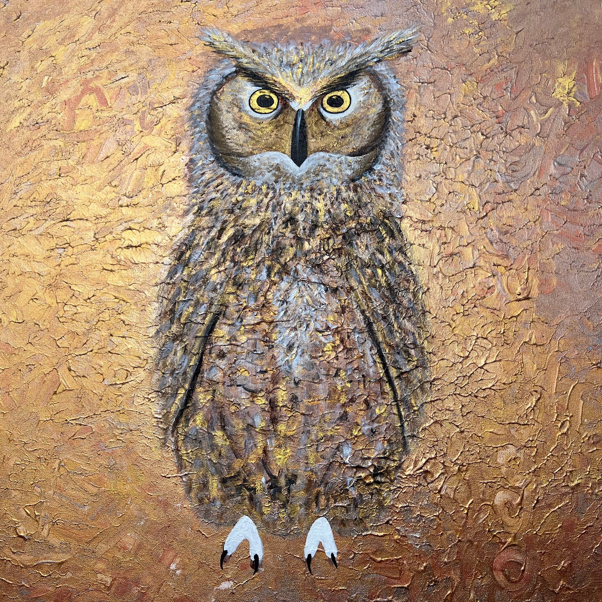 Owl painting on a textured brown background