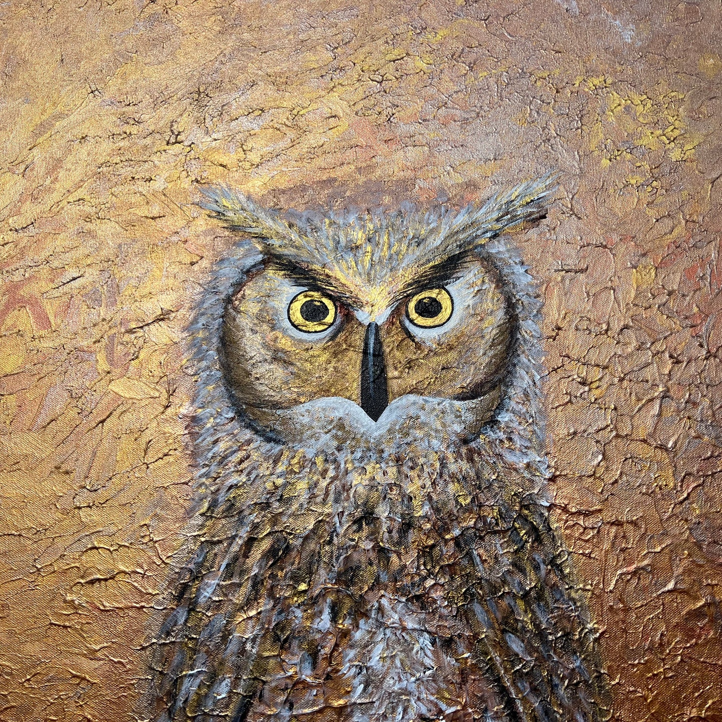 Owl painting with textured brown background