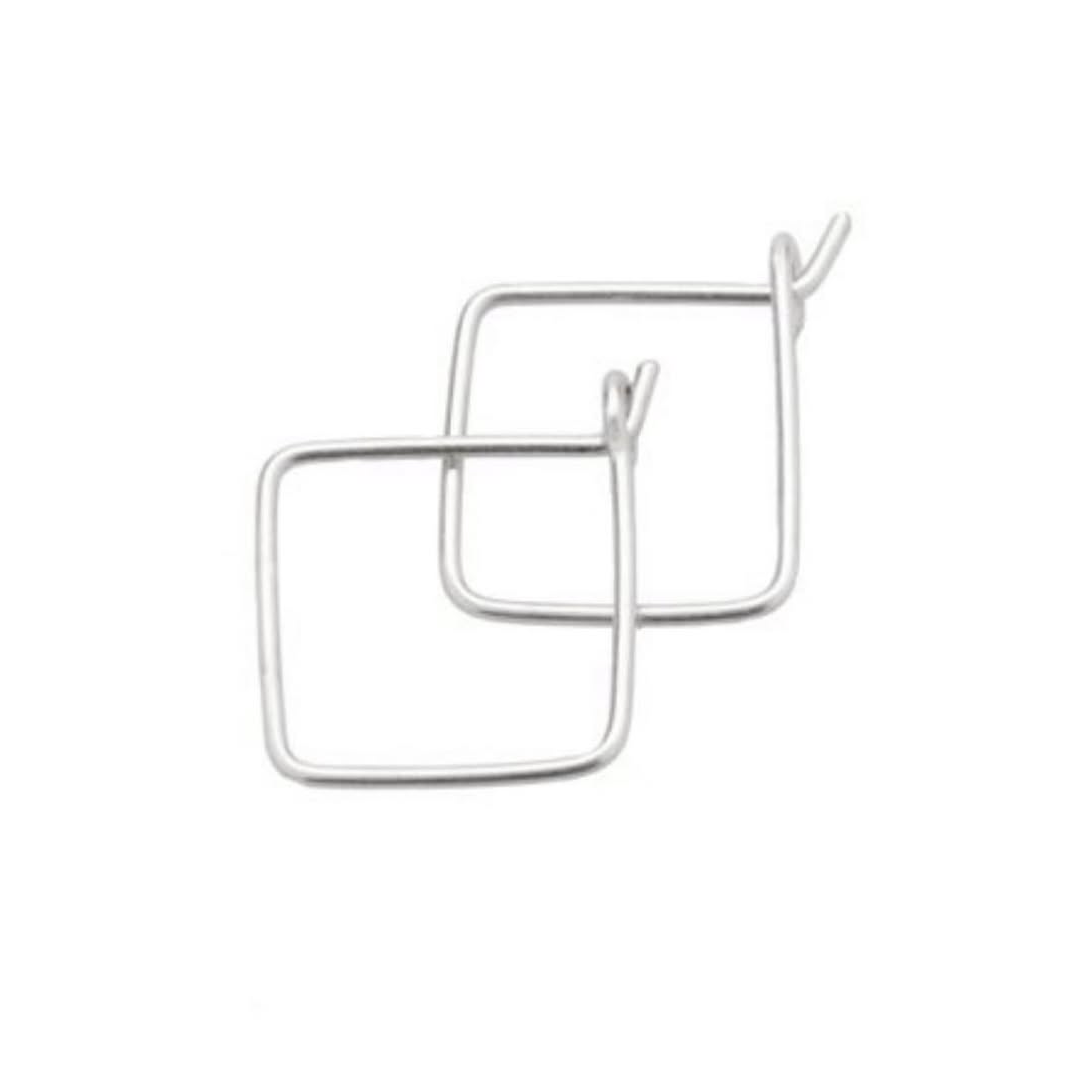 Square Silver earrings displayed on a platform with branding and product details.