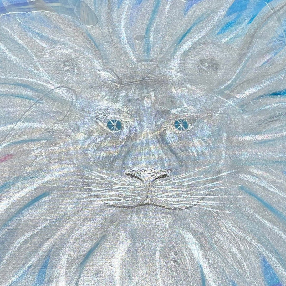 Artistic depiction of a lion on an easel outdoors with a blue sky background