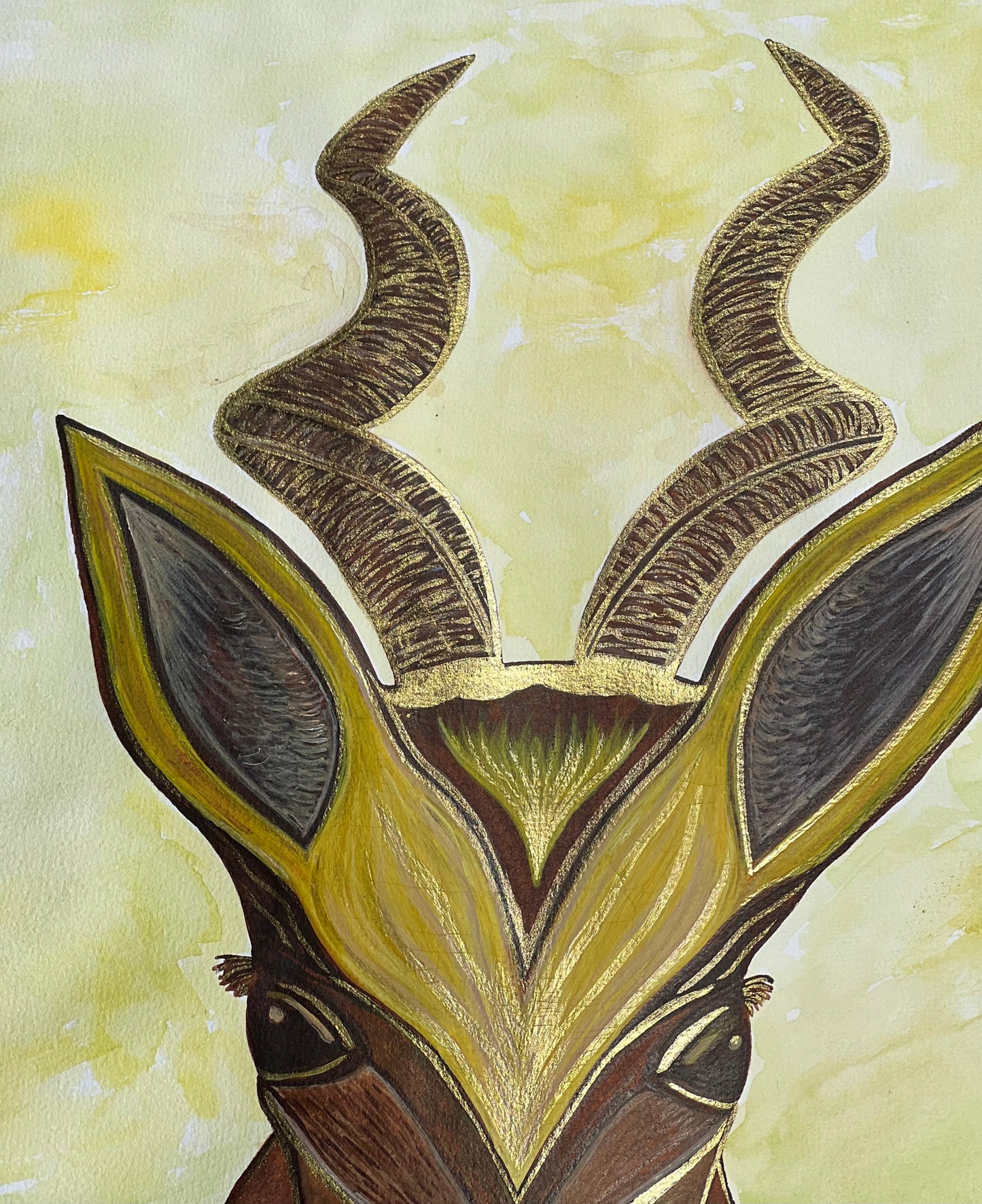 Artistic depiction of a deer-like creature with large horns in stripes of gold on a yellow background