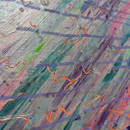 Abstract art with wavy lines in various colors on a textured surface showing Mintakan light language