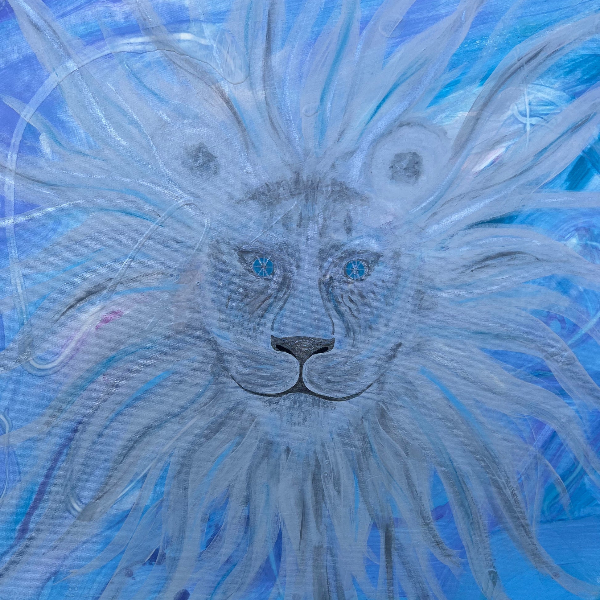 Artistic depiction of a lion's face with long, flowing mane and starlit eyes on a blue background