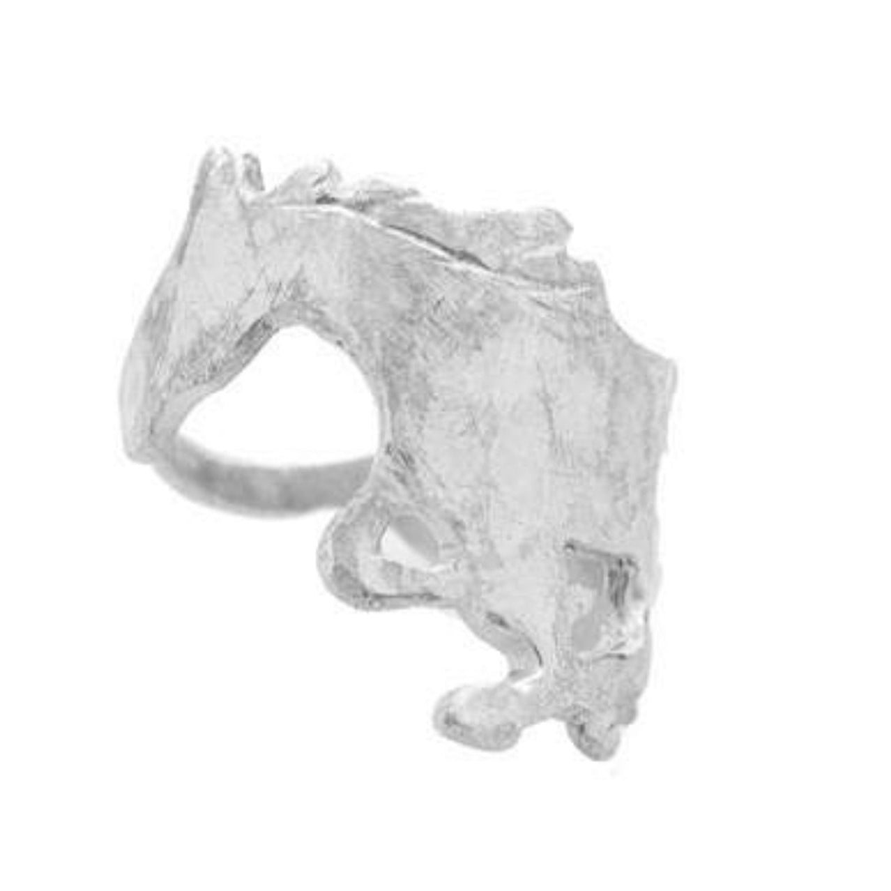 Silver ring with a textured horse design on a white background