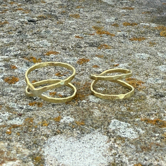 Two brass infinity rings on a textured stone surface with lichen.