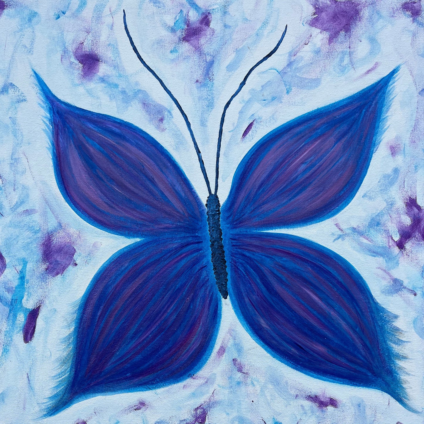 painting of a Blue and purple butterfly  on a textured white and purple canvas