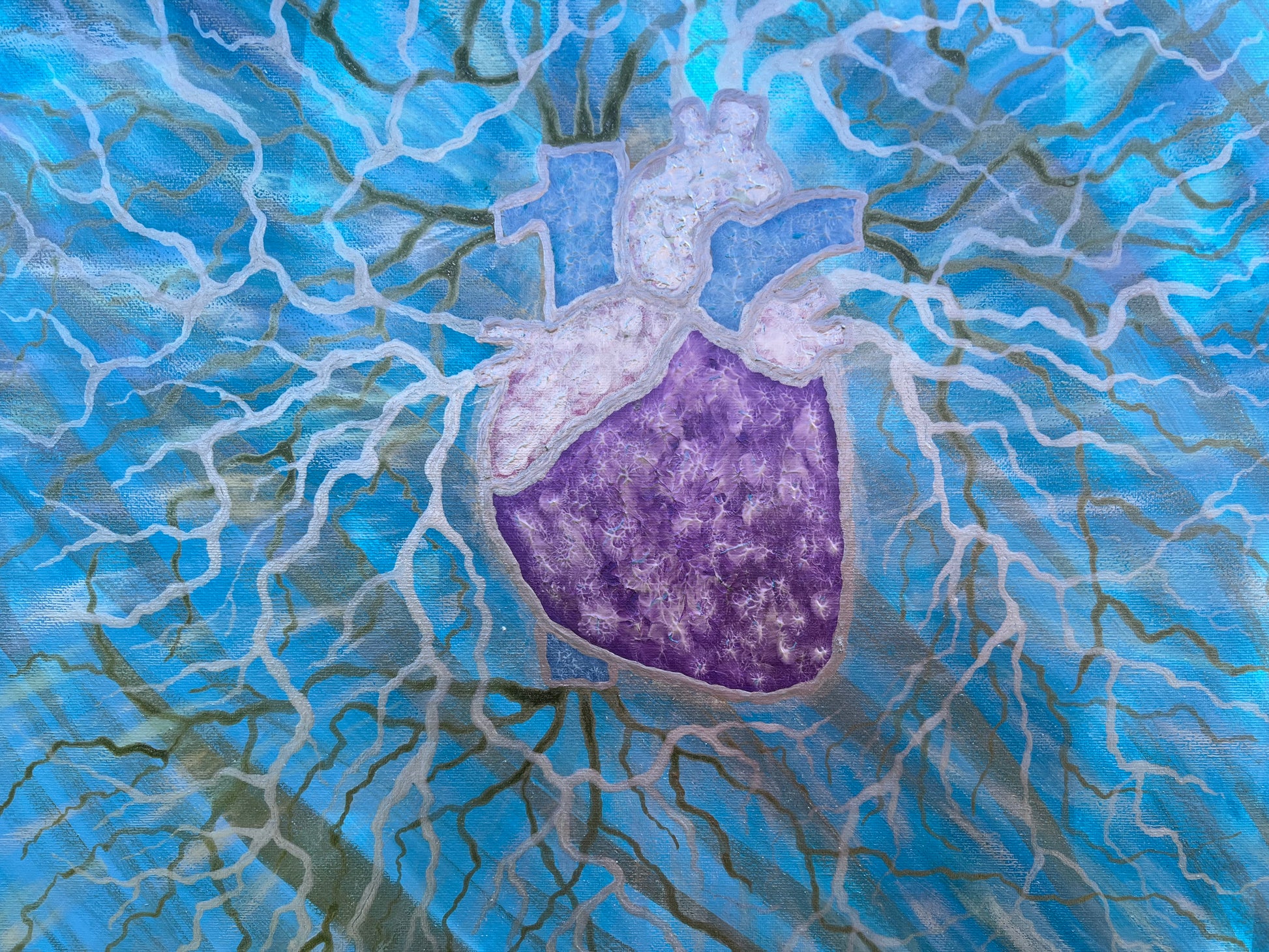 Abstract art with a purple heart shape on a blue and green background