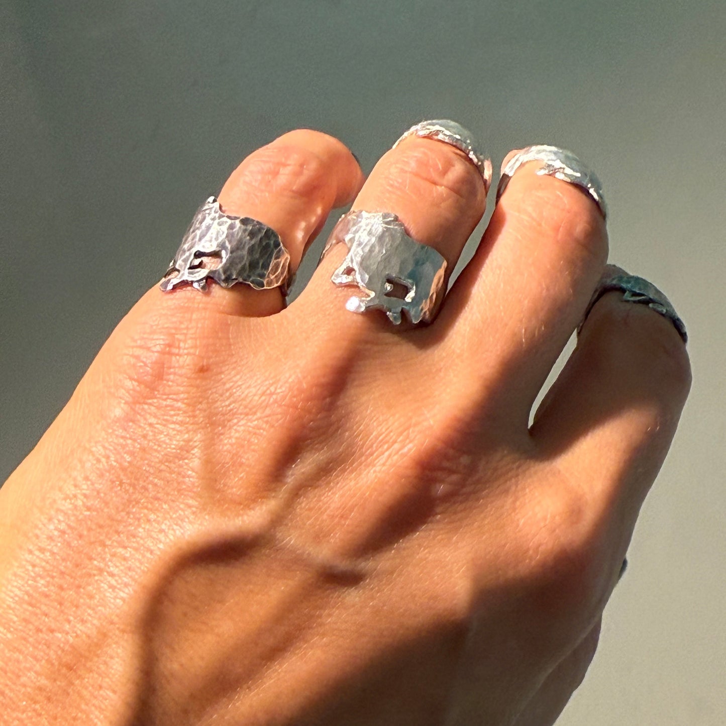 Hand wearing multiple horse silver rings on a neutral background