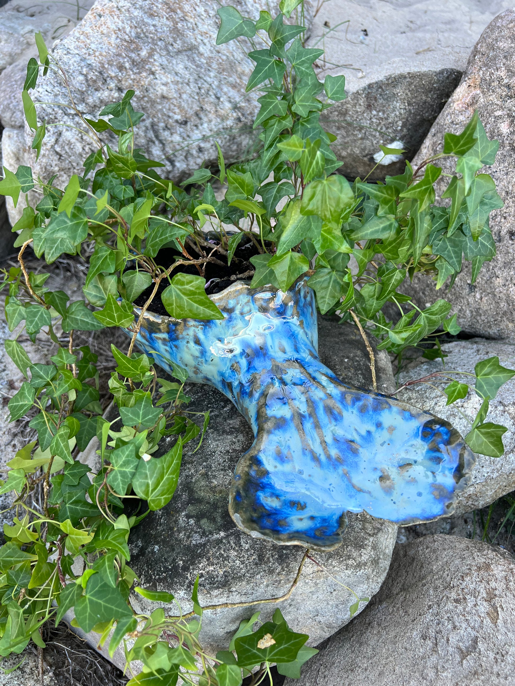 Ceramic fish sculpture with blue glaze among green ivy and rocks