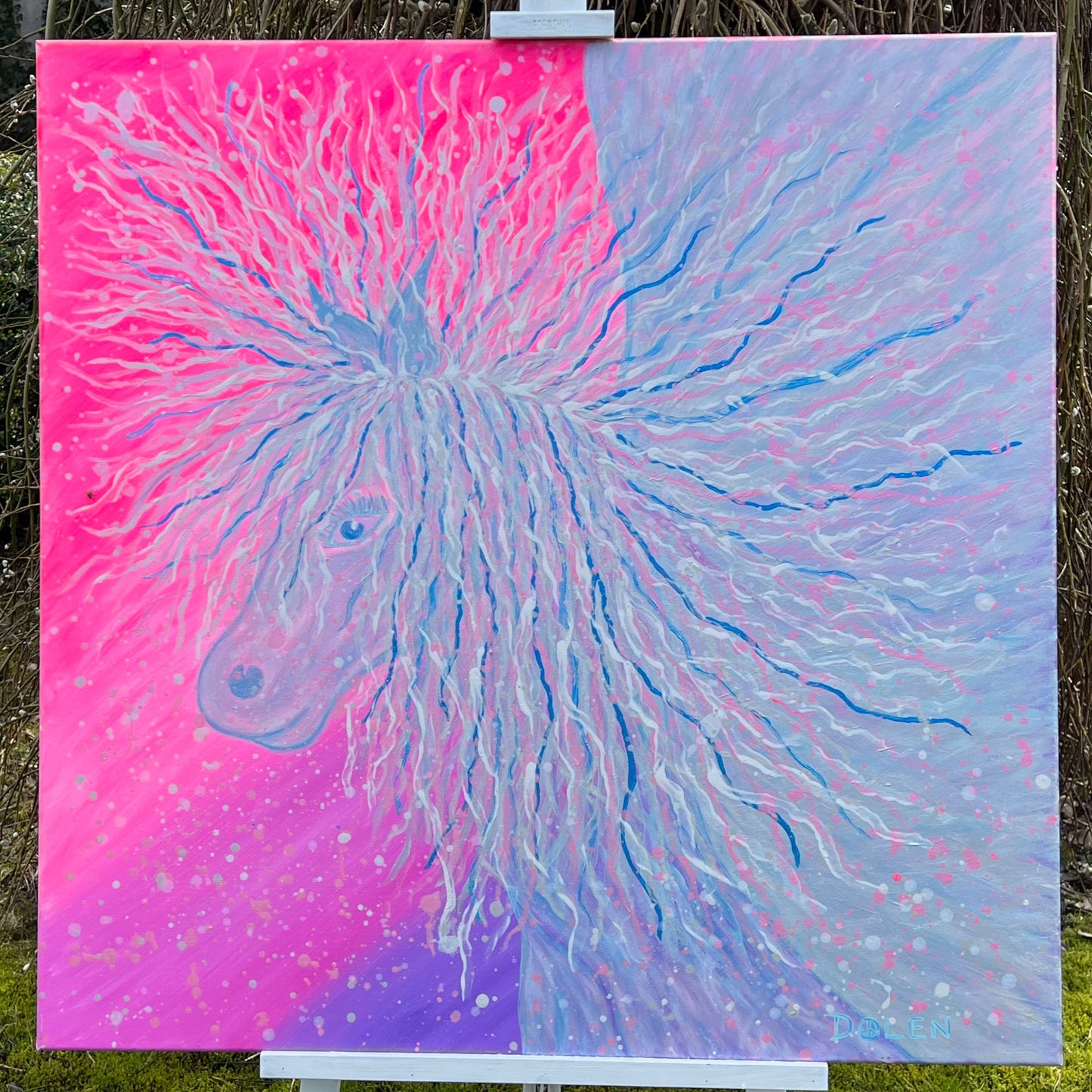 Abstract and whimsical painting of a fantasy creature looking like a mix of pegasus and fairy with big mane on a pink and blue color scheme background