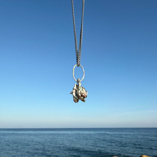 stardust silver necklace by the ocean and sky as backdrop