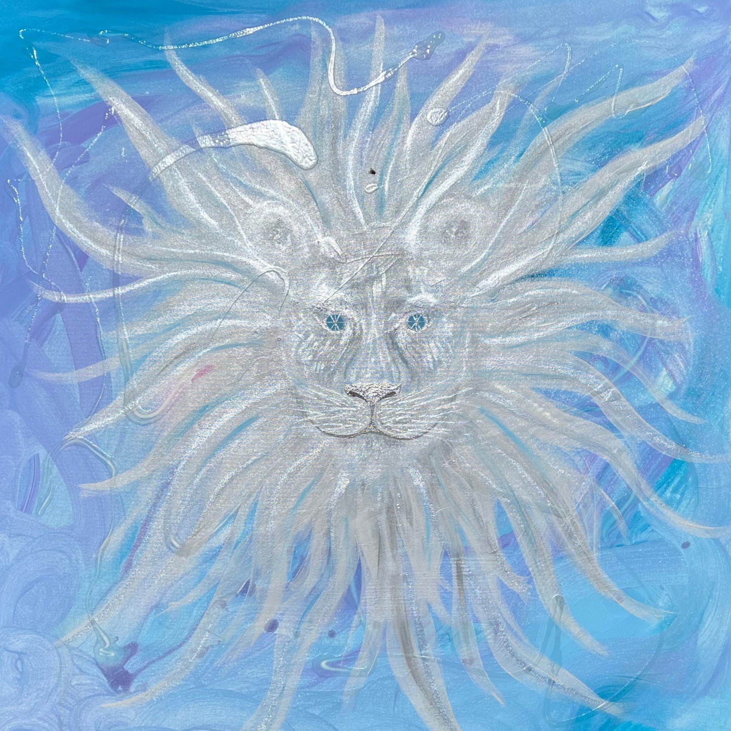 large canvas painting of a Lyran lion and lioness on a blue, silver, and purple background 