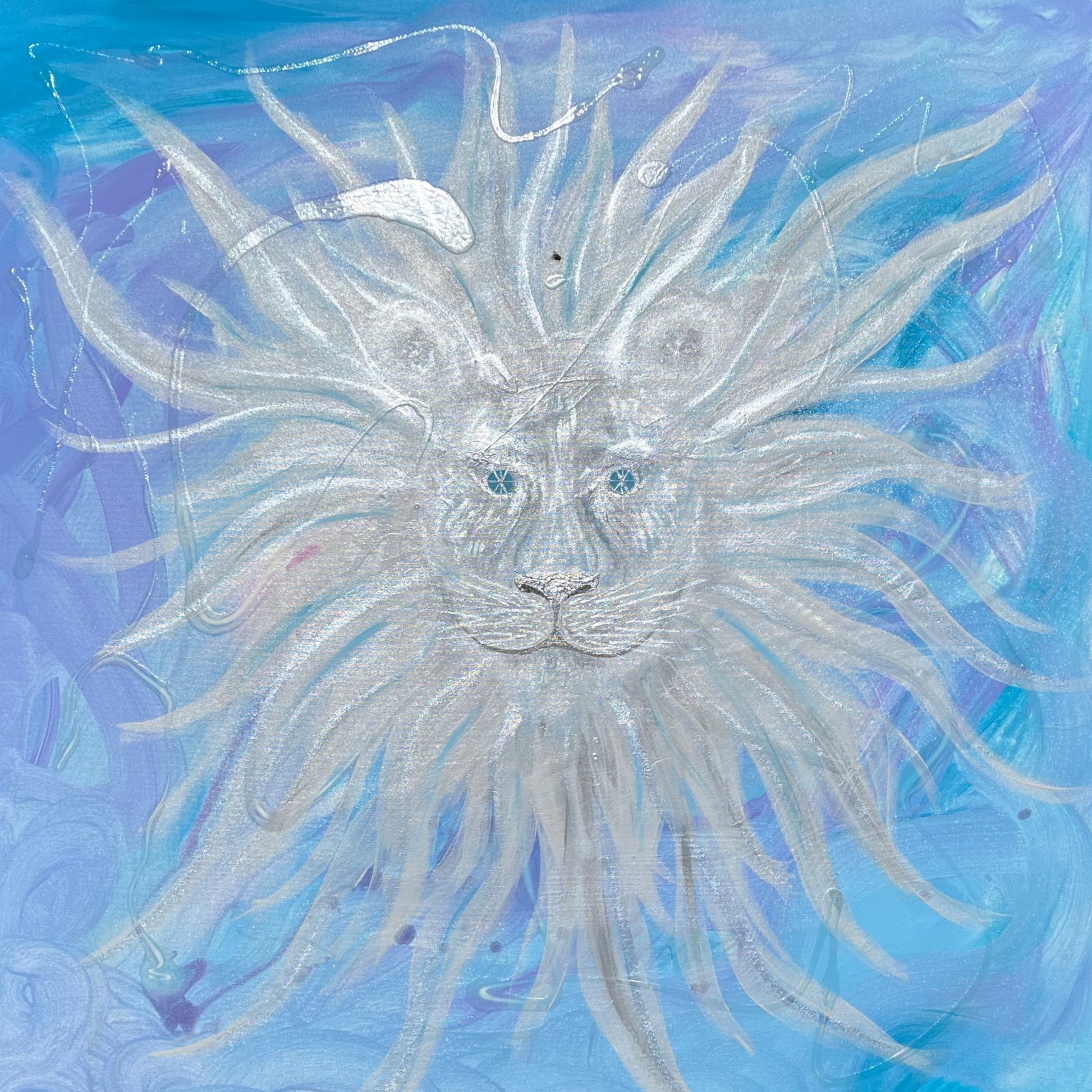 large canvas painting of a Lyran lion and lioness on a blue, silver, and purple background 