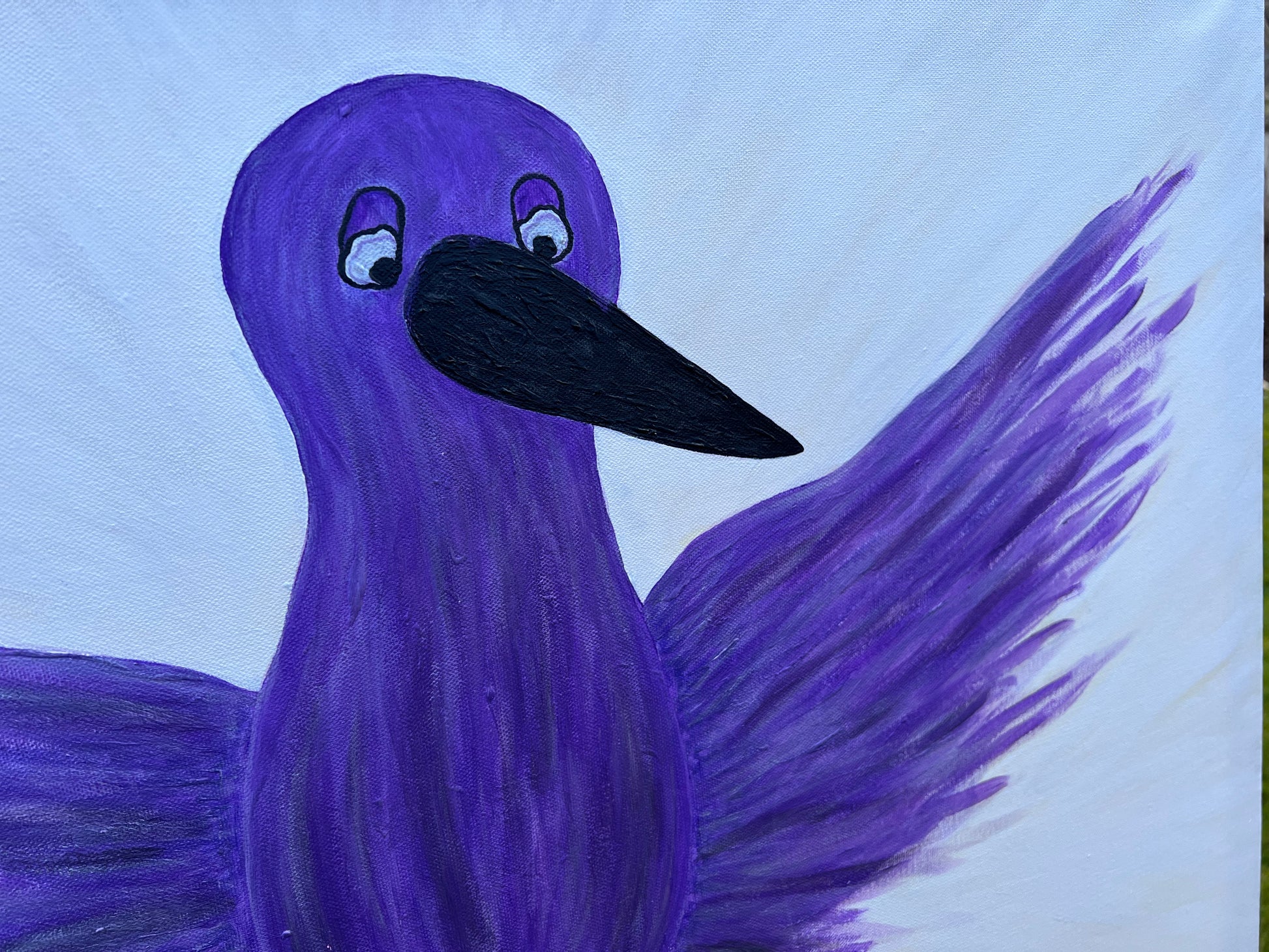 Purple bird with a black beak on a white pearlescent background