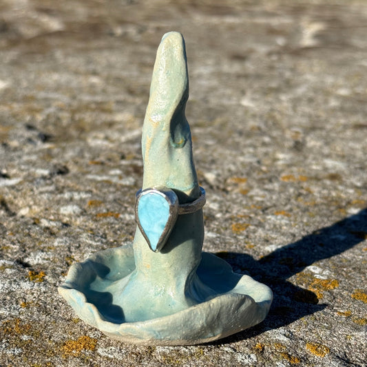 teal ceramic ring cone with pear shaped larimar silver ring