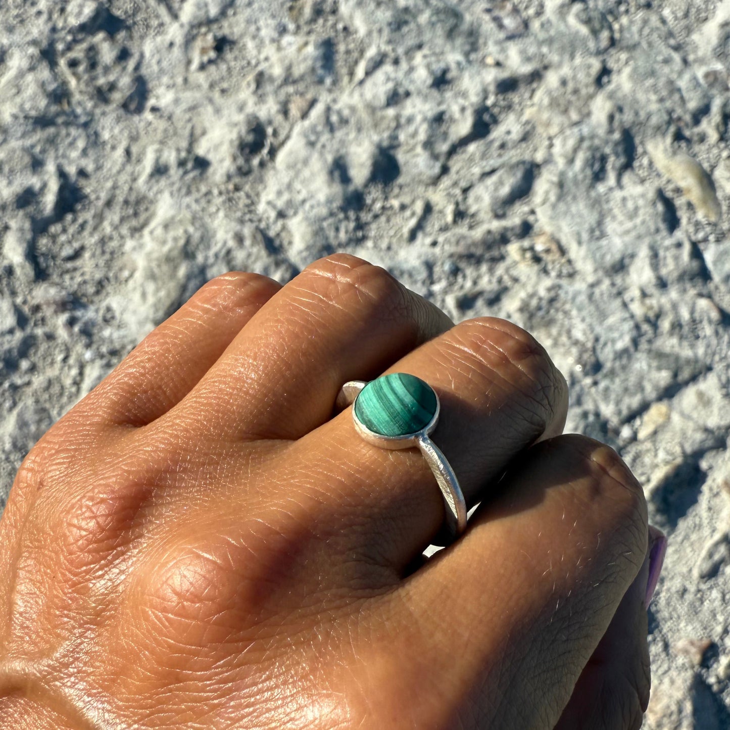 cabochon cut malachite gemstone silver ring