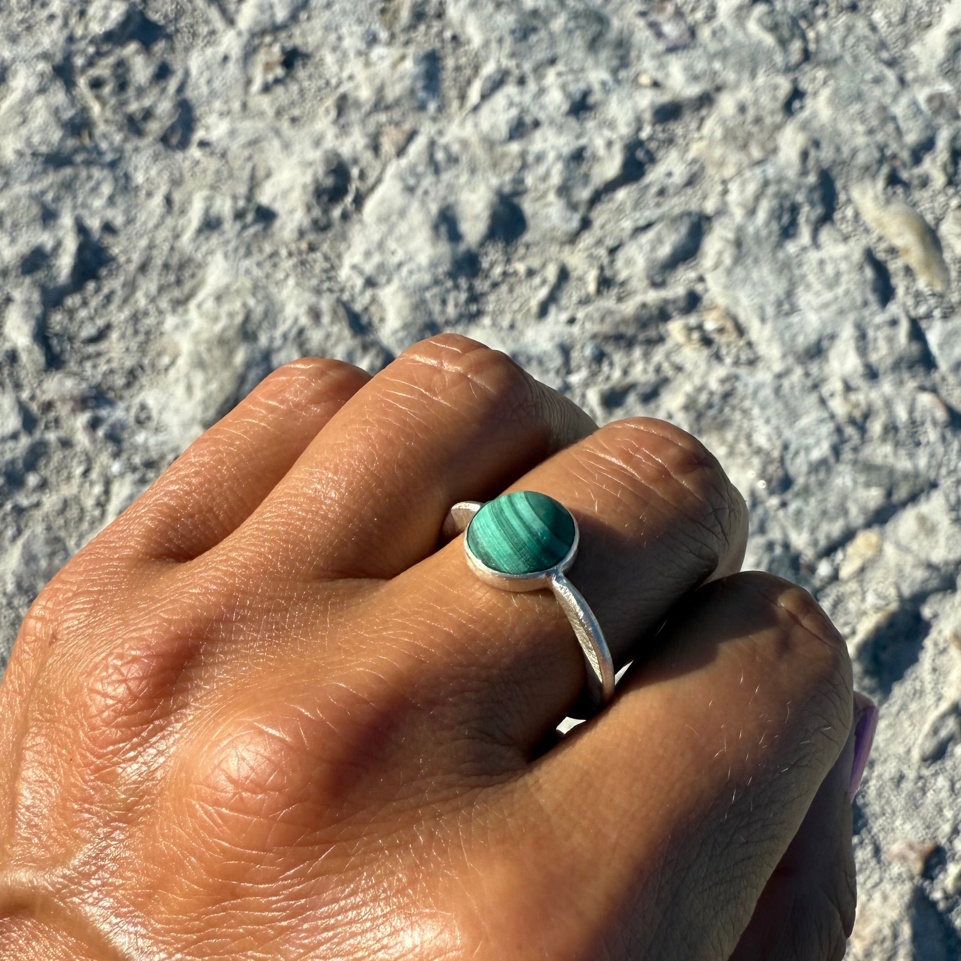 cabochon cut malachite gemstone silver ring