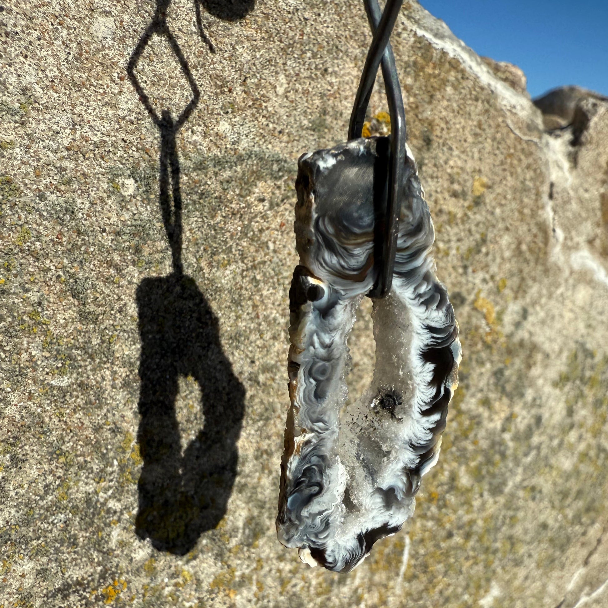 dangling oxidized silver earring with druzy agate 