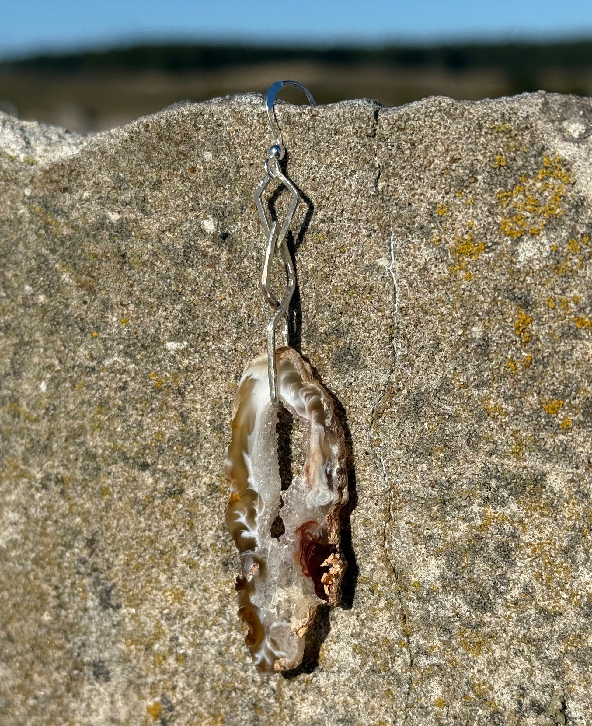 dangling silver mono earring with druzy agate