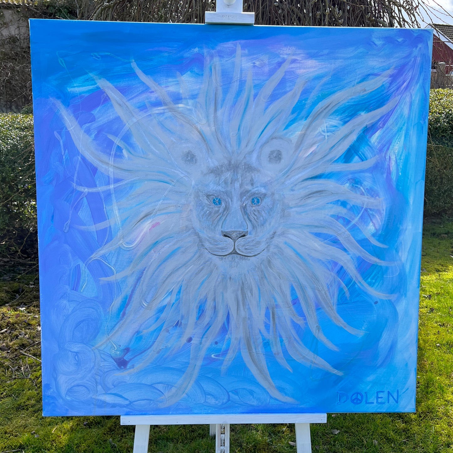 painting of a unisex lion in silver, blue and purple