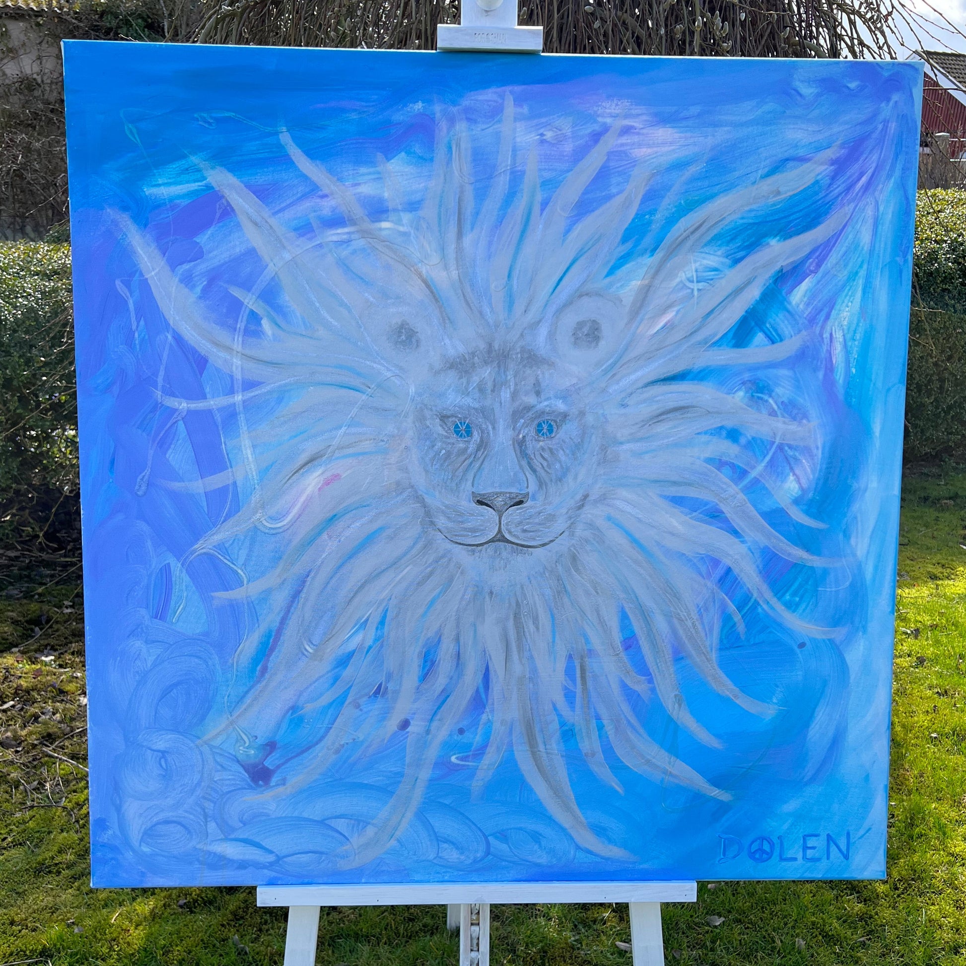 painting of a unisex lion in silver, blue and purple