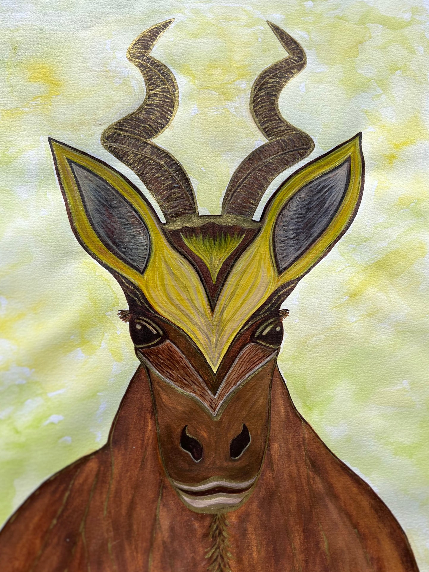 Artistic depiction of a deer head with stylized antlers on a textured yellow background