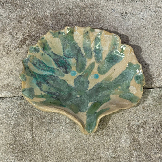 Decorative seashell ceramic plate with green and beige patterns on a concrete surface