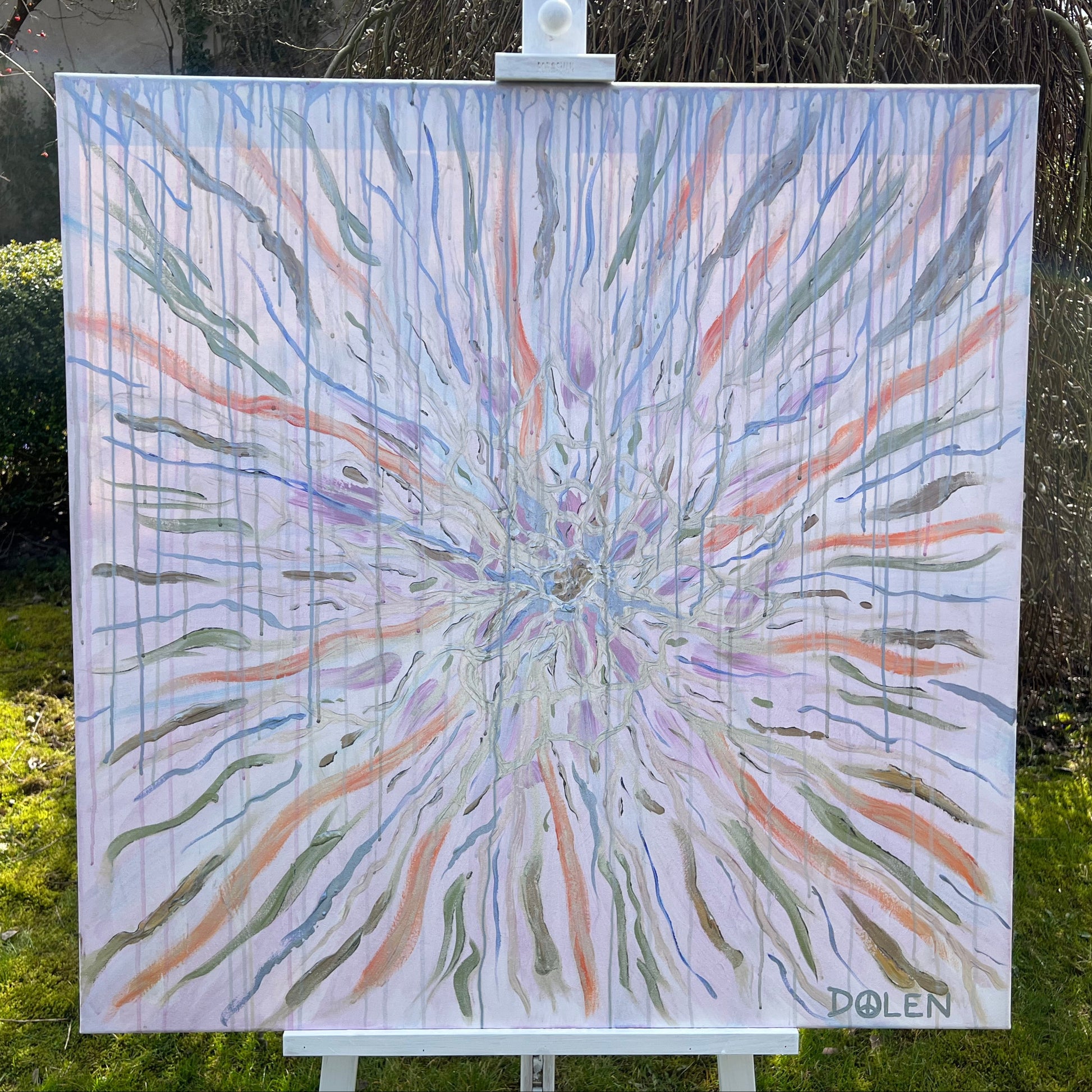 acrylic large painting on canvas with textured motif of cell plasma in silver, peach, purple and blue